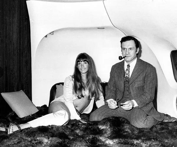 Hugh Hefner and his girlfriend at the time, Barbi Benton, on board his luxury DC-9 aircraft The Big Bunny at Heathrow in 1970.jpeg