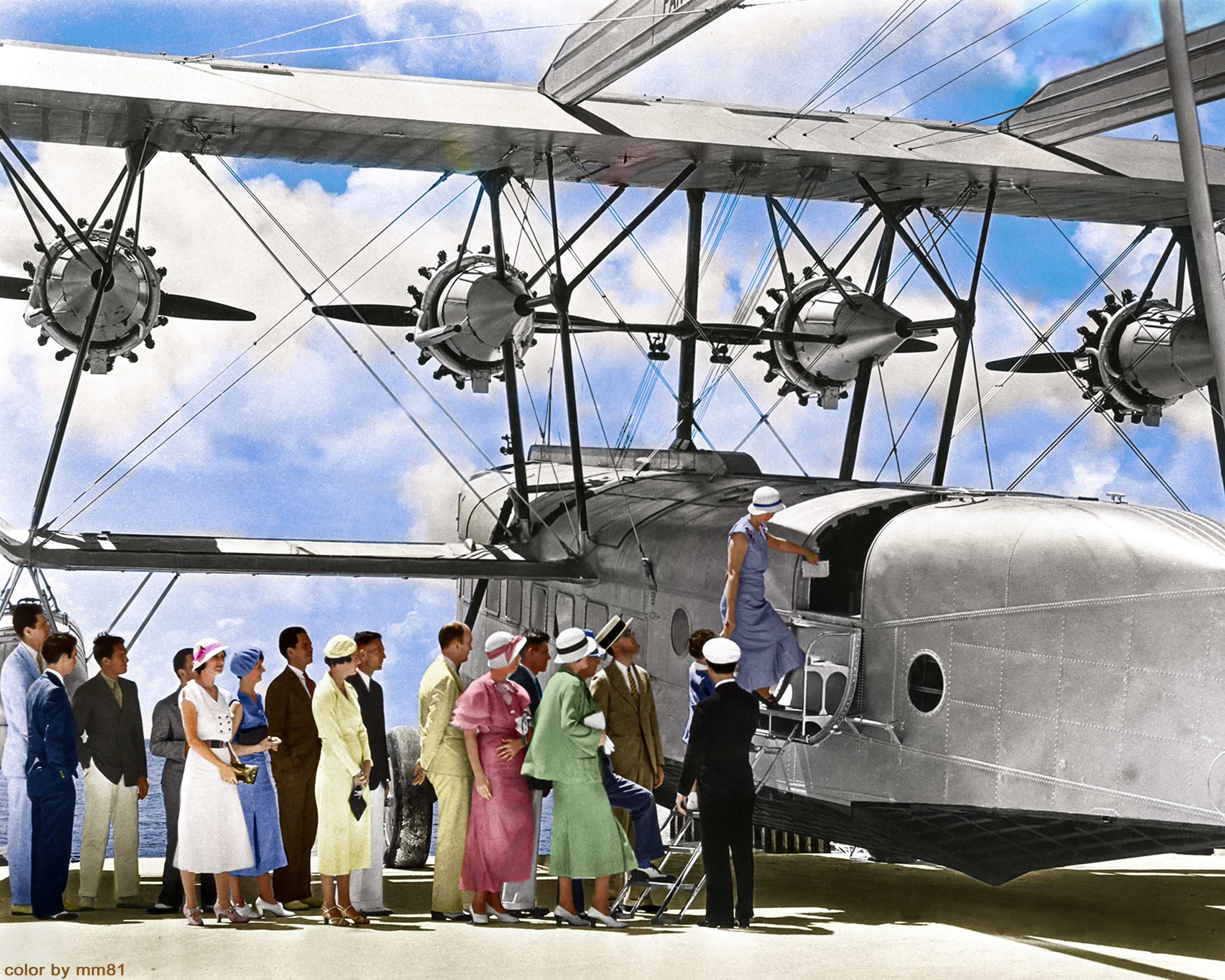 1932. Passengers board a new upgraded Pan American Sikorsky S-40 plane. (Added a colorized version).png