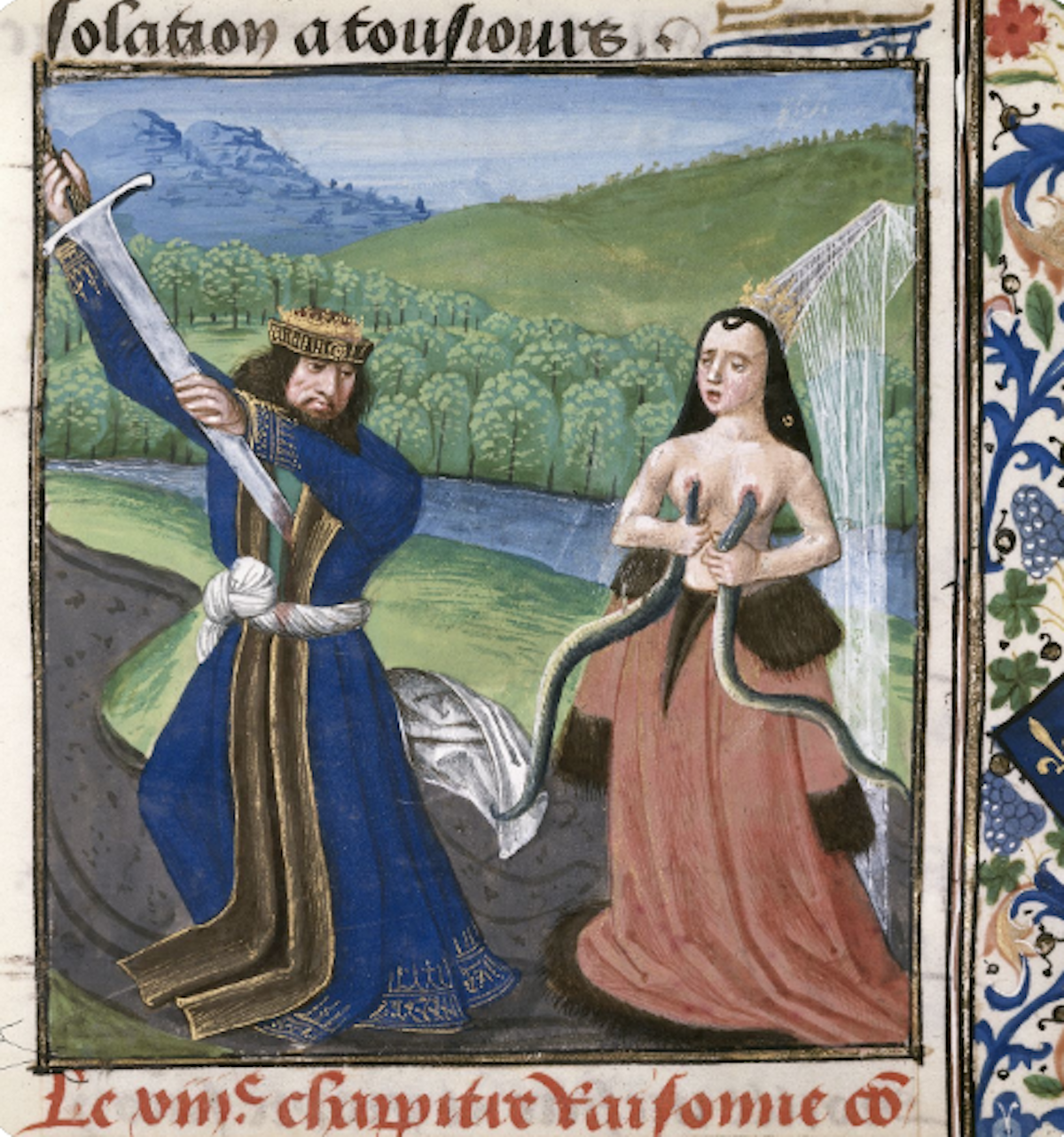 Detail of a miniature depicting the deaths of Antony and Cleopatra, from the manuscript Cases of noble men and women in misery made by the Italian artist Boccaccio in 1480 CE. Now housed at the British Library in London.png
