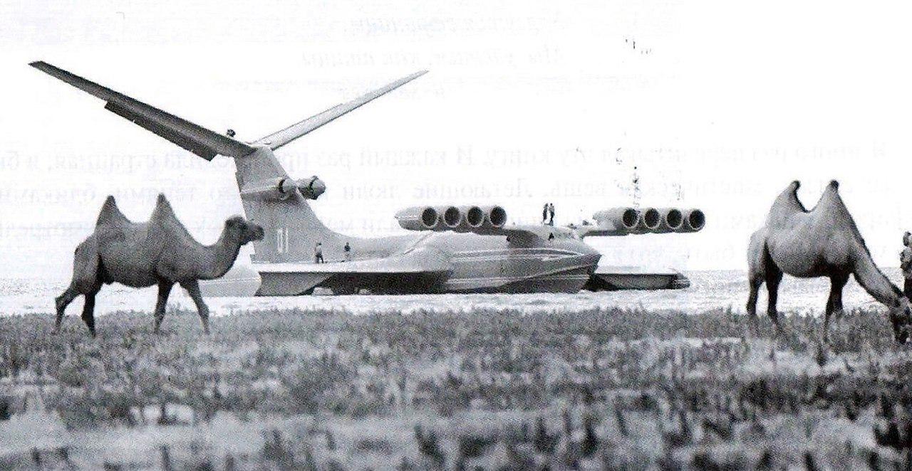 Ekranoplan KM-1 (Caspian Sea Monster) during tests on the Caspian Sea, 1970s.jpeg