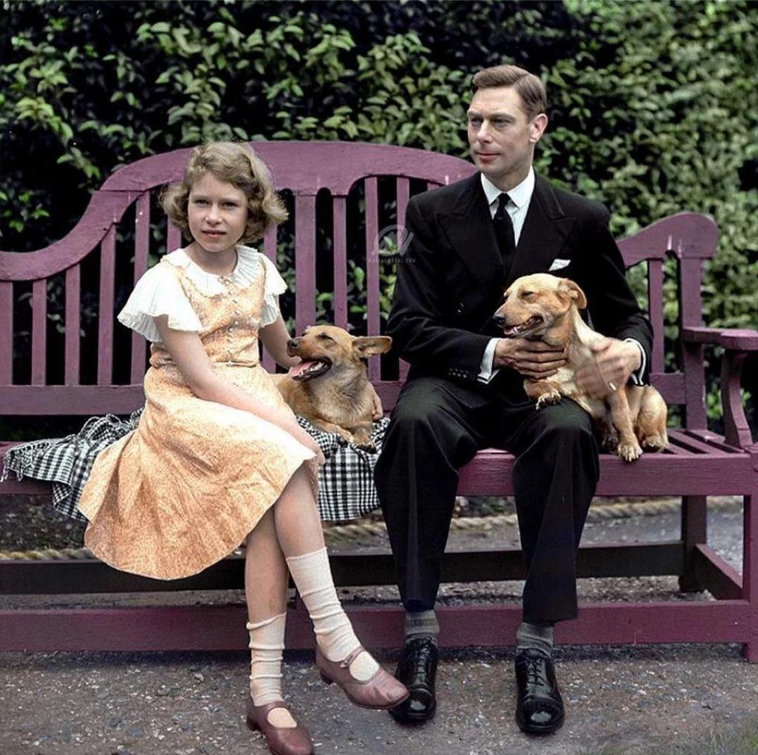 Future King George VI and his daughter Princess Elizabeth (future Queen Elizabeth II) sitting on a bench with their corgi dogs in London, England, in July 1936.jpeg