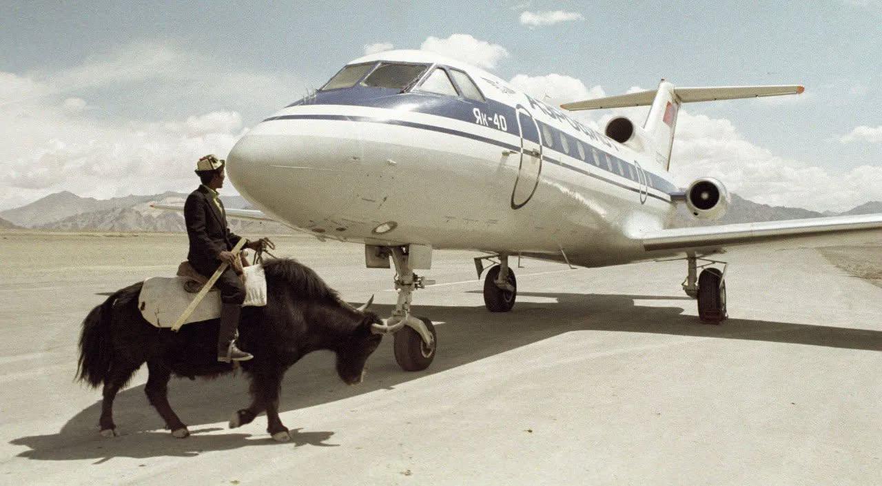 A man rides a mountain yak past a Yakovlev Yak-40 airplane, (1990), Tajik SSR.jpeg