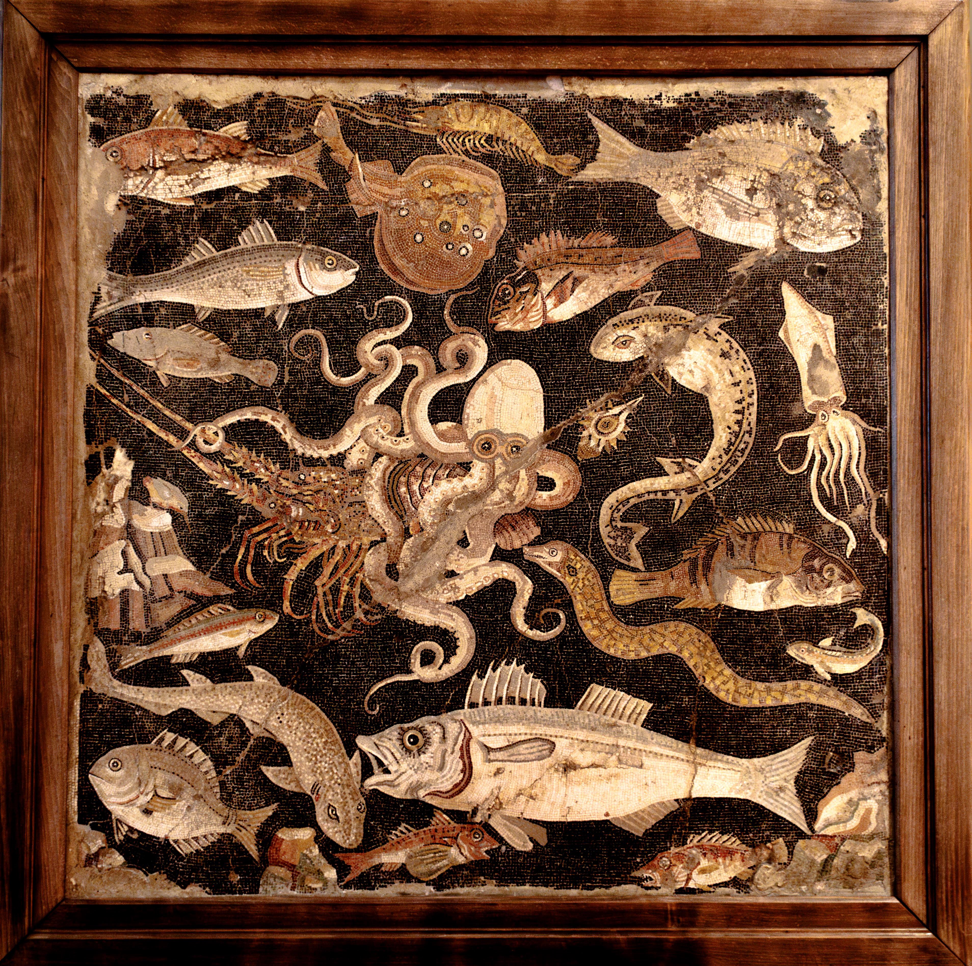 An octopus fights a lobster surrounded by seafood in a mosaic from Pompeii.jpeg