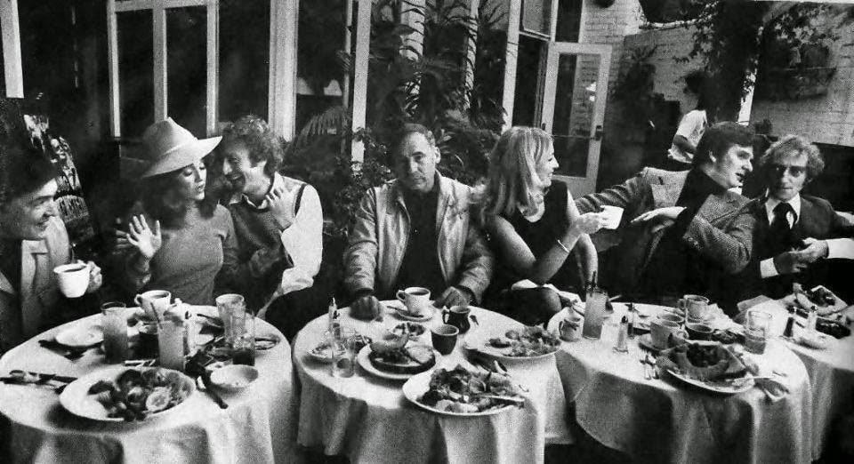 Young Frankenstein cast lunch at the Daisy. From left - Madeline Kahn, Gene Wilder, Mel Brooks, Teri Garr, Kenneth Mars, Marty Feldman (1974).jpeg