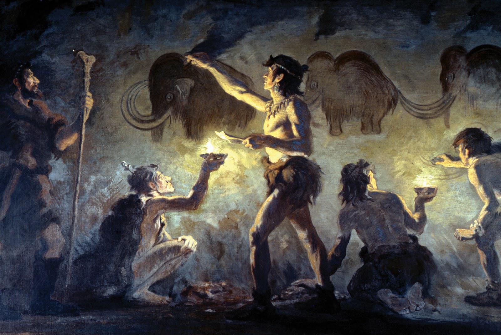Cro-Magnon artists painting woolly mammoths in Font-de-Gaume - Charles Robert Knight, 1920.jpeg