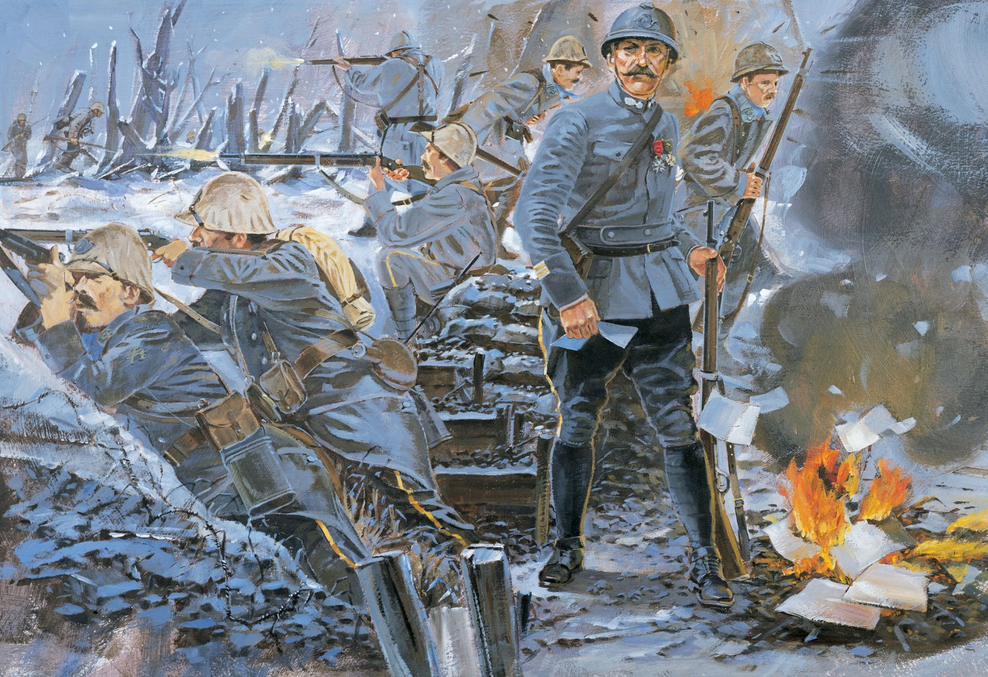 Howard Gerrard. French colonel Emile Driant buring his papers as he prepared to evacuate his command post at Verdun.png