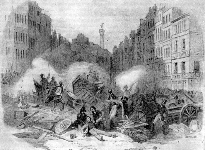 Баррикада в Сент-Антуанском предместье Парижа 3 декабря 1851 г. Гравюра 1852 г.jpg