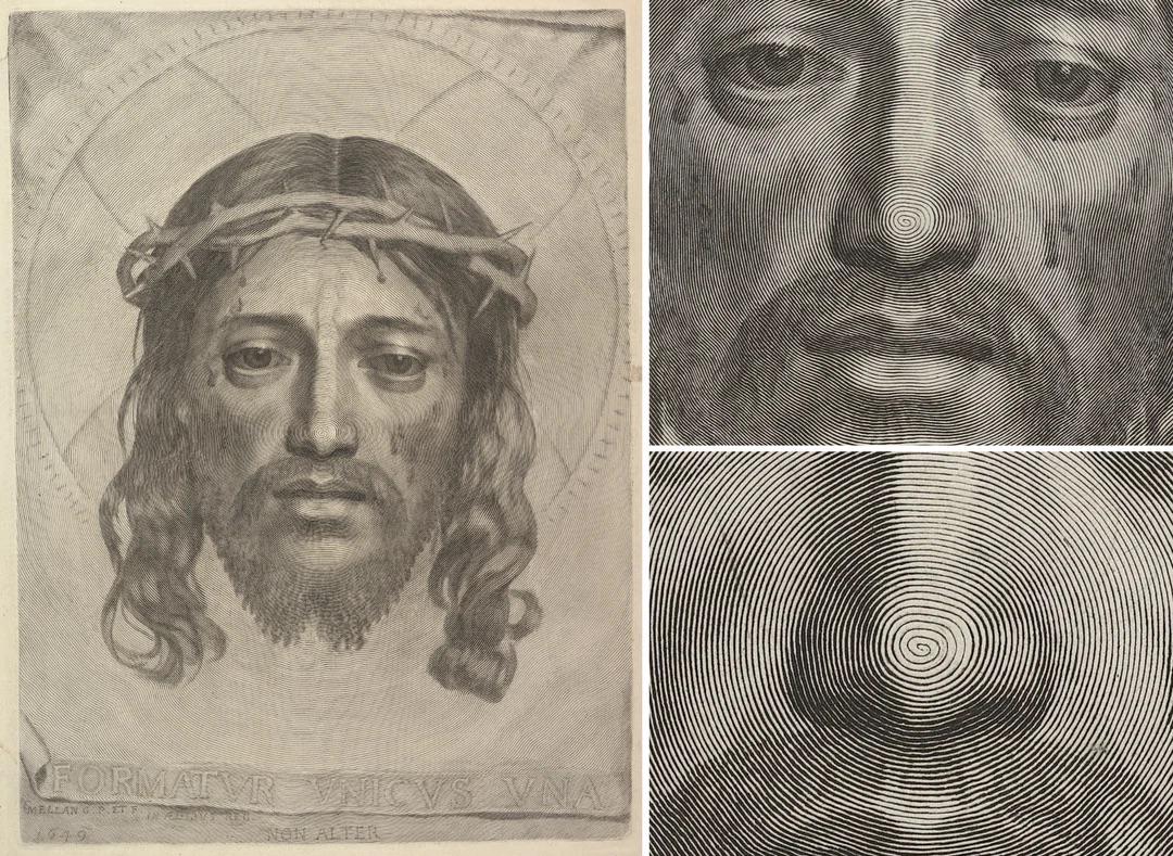 The Sudarium of Saint Veronica is an engraving made by the French artist Claude Mellan in 1649 CE, created from a single spiralling unbroken line that starts at the tip of Jesus's nose.jpeg