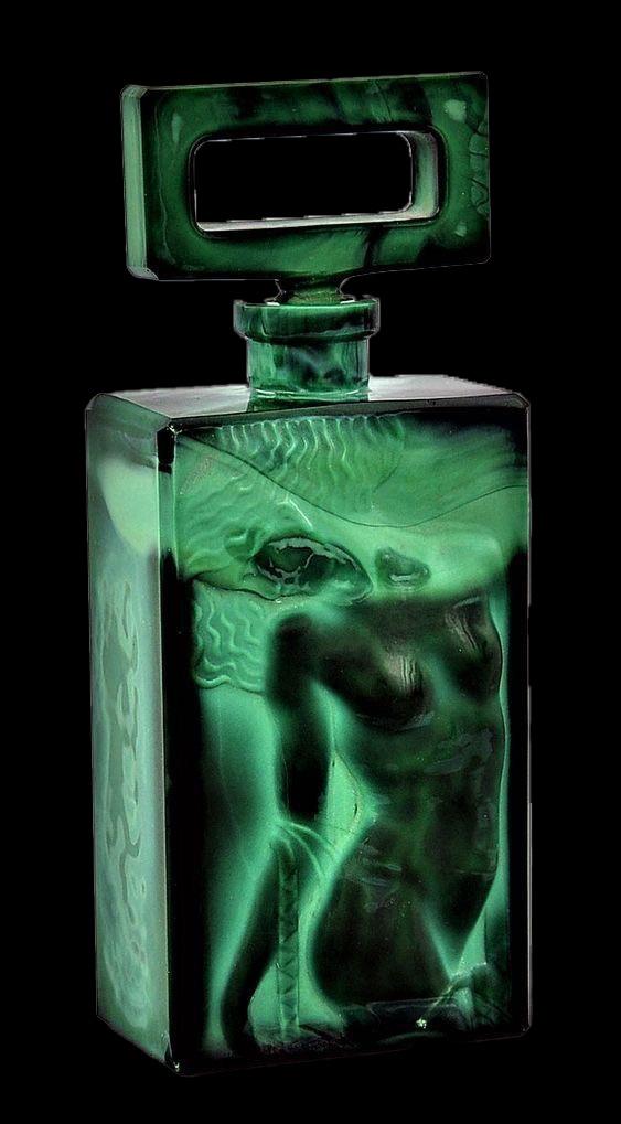 Art Deco Czechoslovakian malachite glass bottle designed by Henry Schlevogt under his Ingrid Brand.jpeg