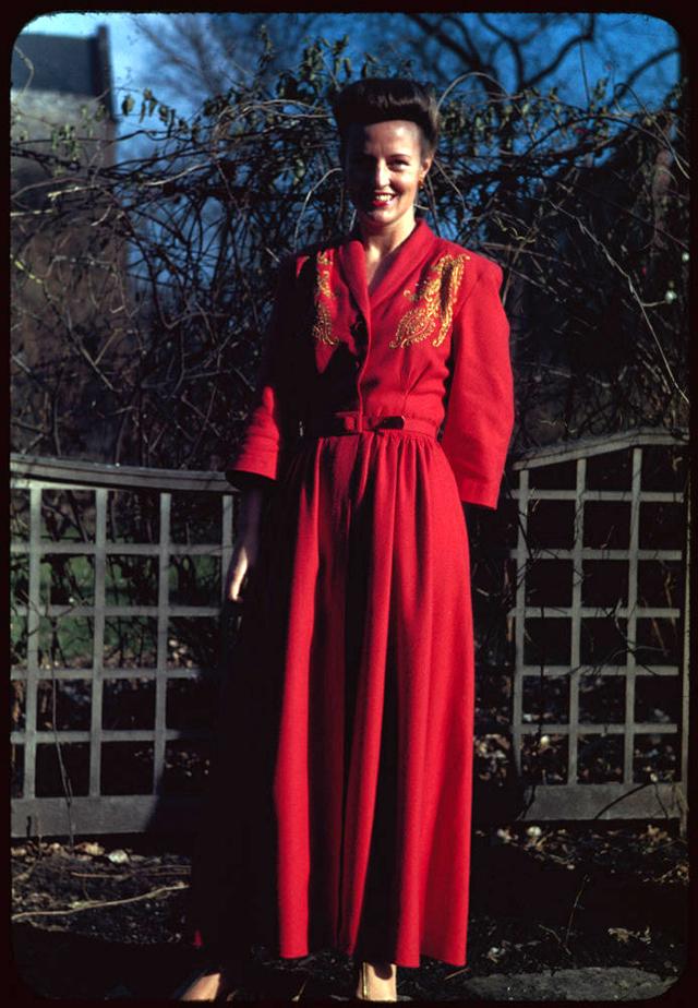 Unknown woman with a spectacular red dress, 1940s, from kodachrome slide.jpeg