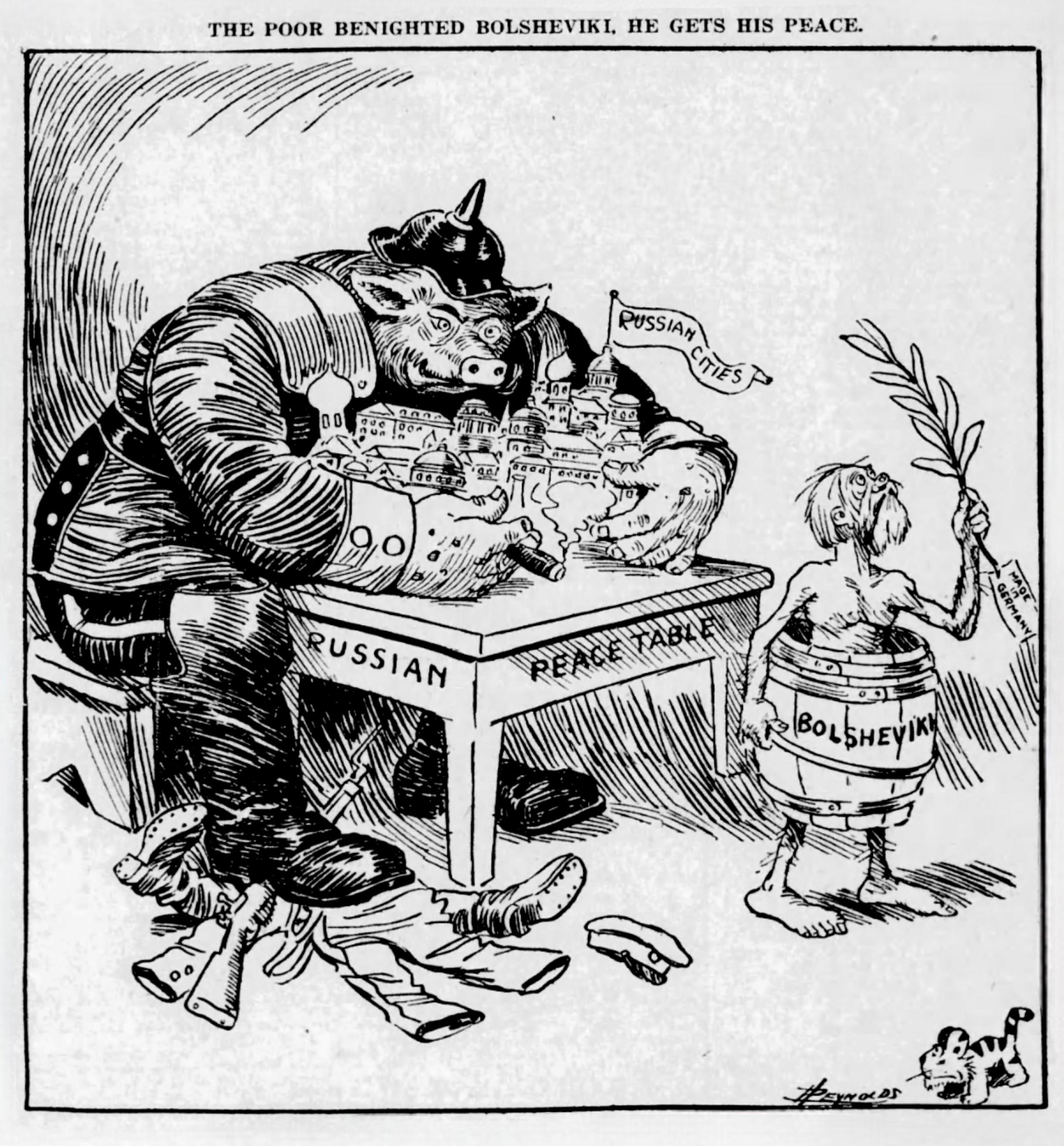American cartoon ('The Portland Oregonian', artist Edward Samuel Reynolds) commenting on the Treaty of Brest-Litovsk, March 5, 1918.jpeg