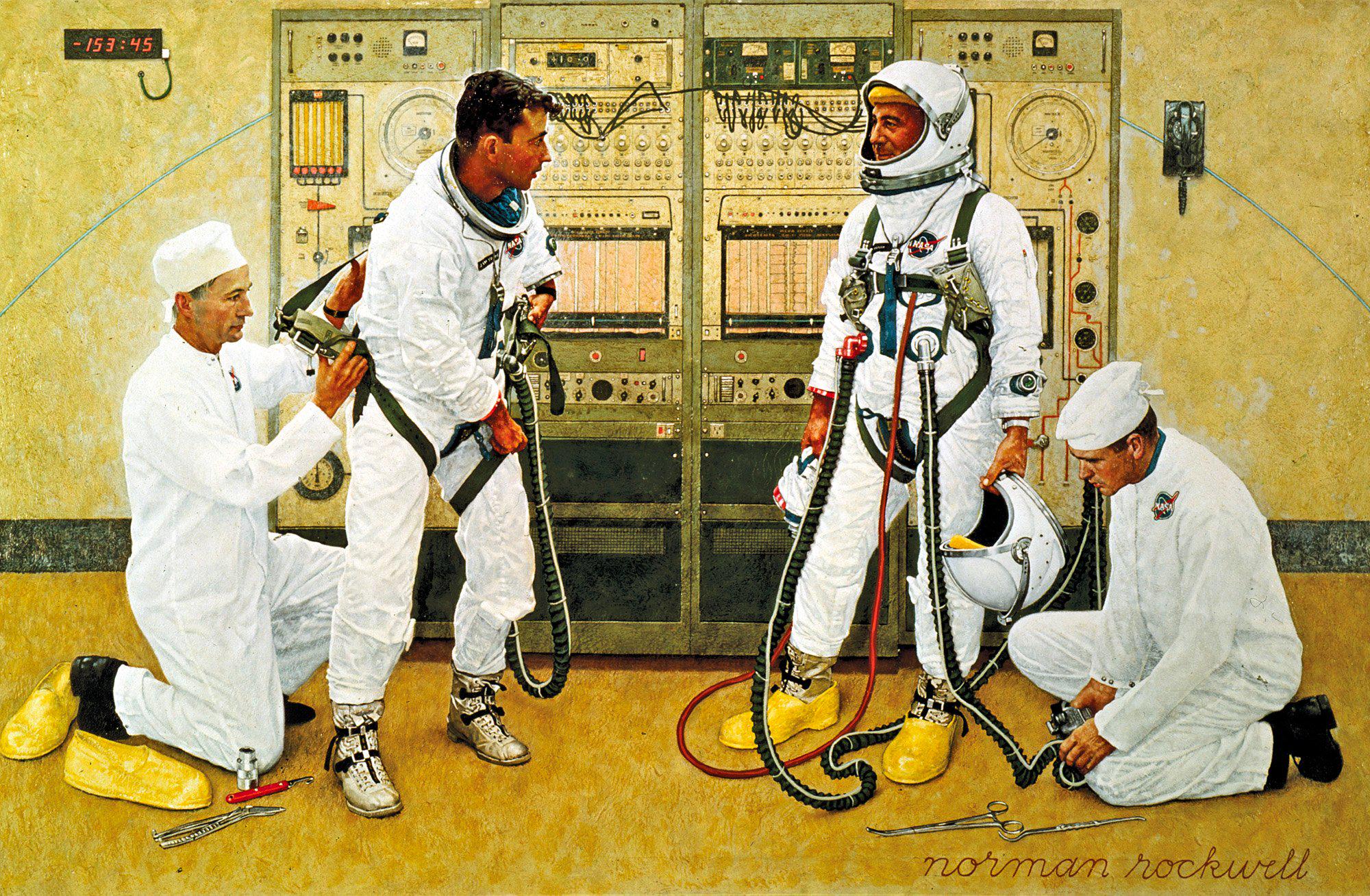 Norman Rockwell - The Longest Step. Astronauts Grissom and Young Suiting Up (1964-65).jpeg
