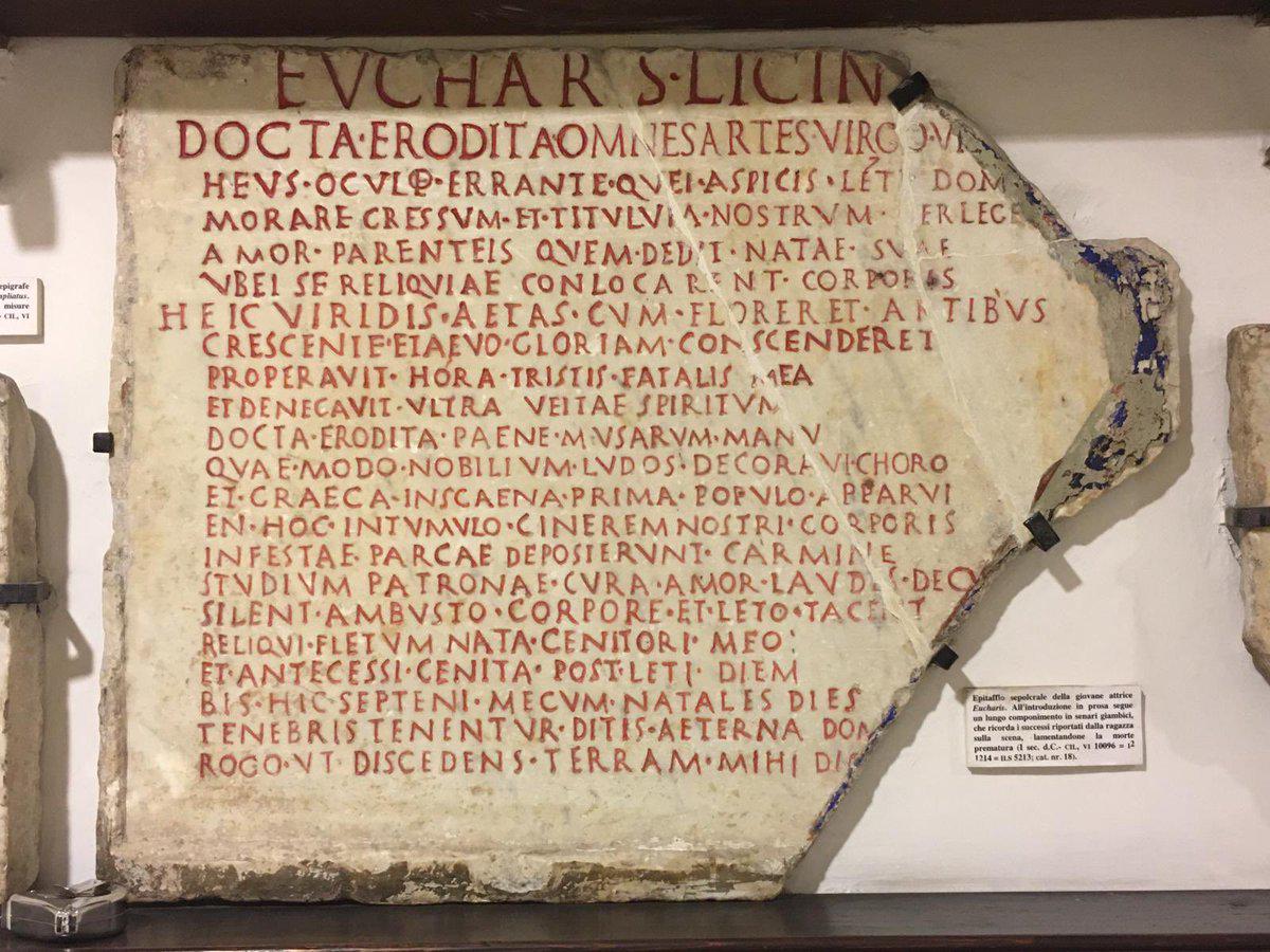 The epitaph of Licinia Eucharis, an ancient Roman stage actress who died at the age of 14. 1st century BCE.jpeg
