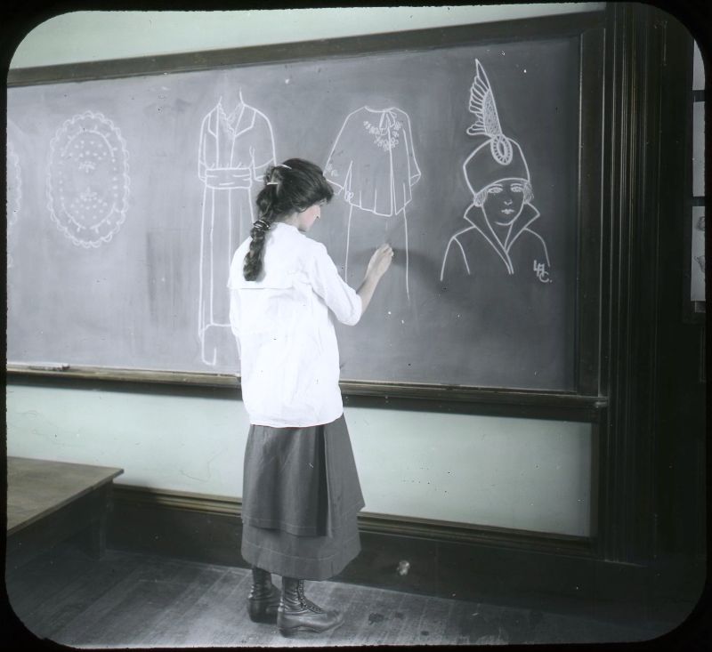 A clever designer at the blackboard, Trade School for Girls, Boston, circa 1914.jpg