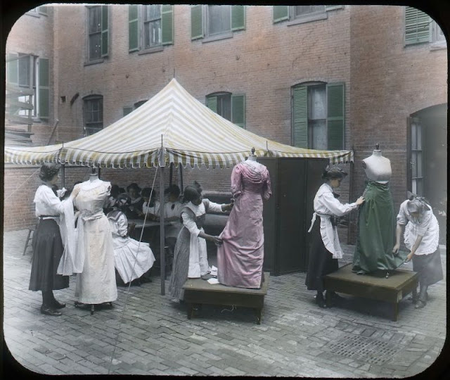 Summer days, out on the roof which extended from the second story of the building. A class in Senior Dressmaking, Trade School for Girls, Boston, circa 1914.jpg