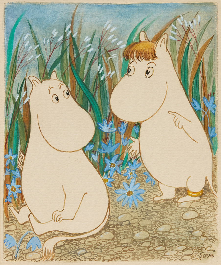 TOVE JANSSON. Moomintroll and Snorkmaiden among bluebells. Sold for 33 727 EUR.jpg