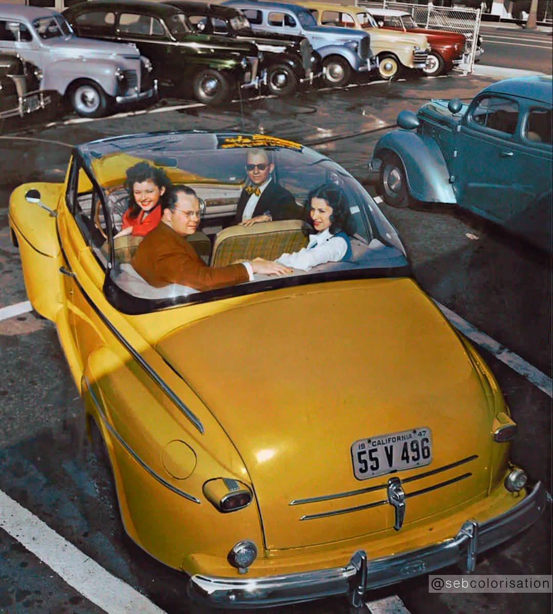 A Ford convertible with a glass bubble top photographed in Los Angeles, California in 1948. The glass tops were made by a company that produced aircraft canopies for war planes.jpeg
