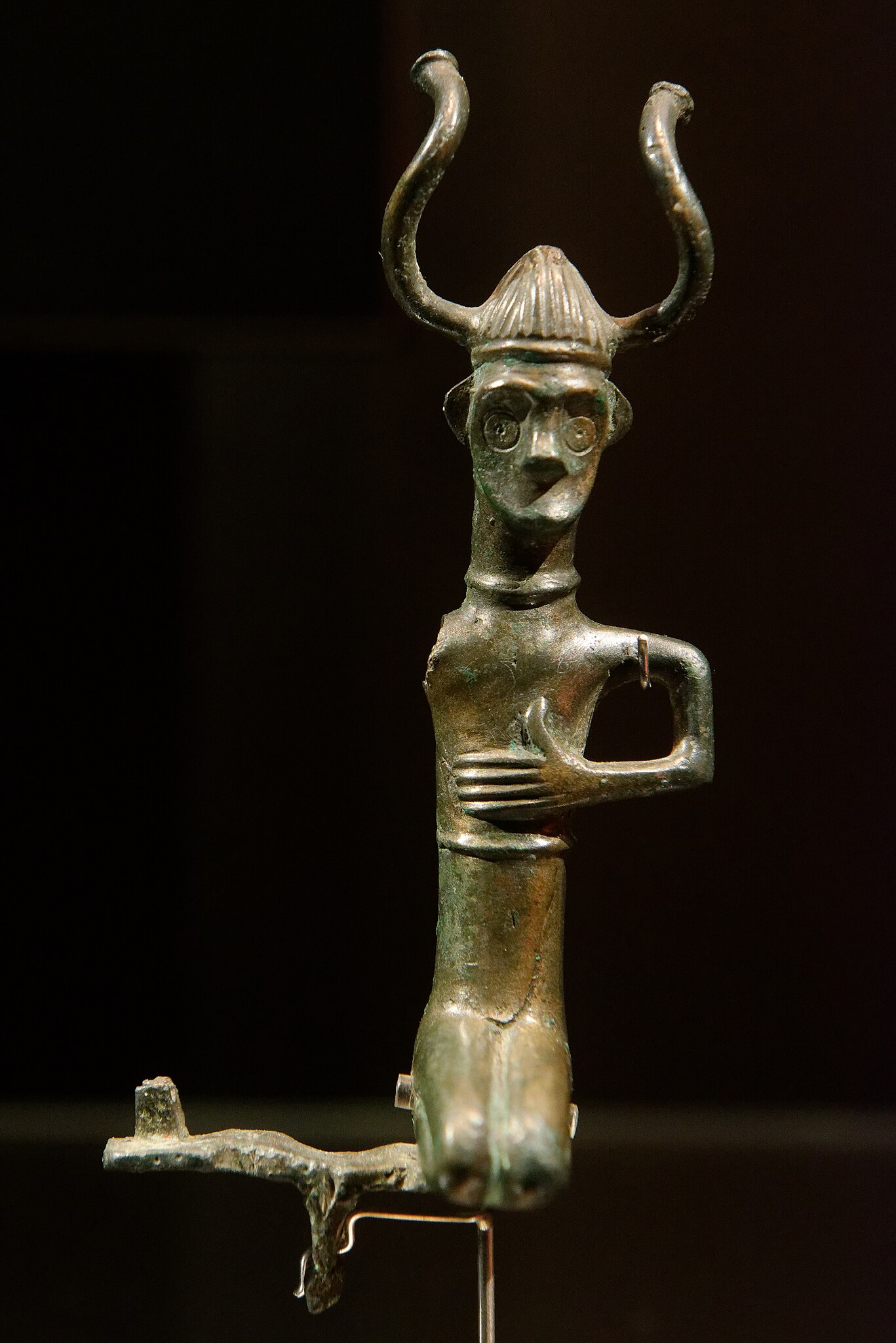 Bronze Man with a horned helmet. Found in the 18th century in Grevensvænge, southern Zealand. Circa 800BC. National Museum of Denmark.jpg