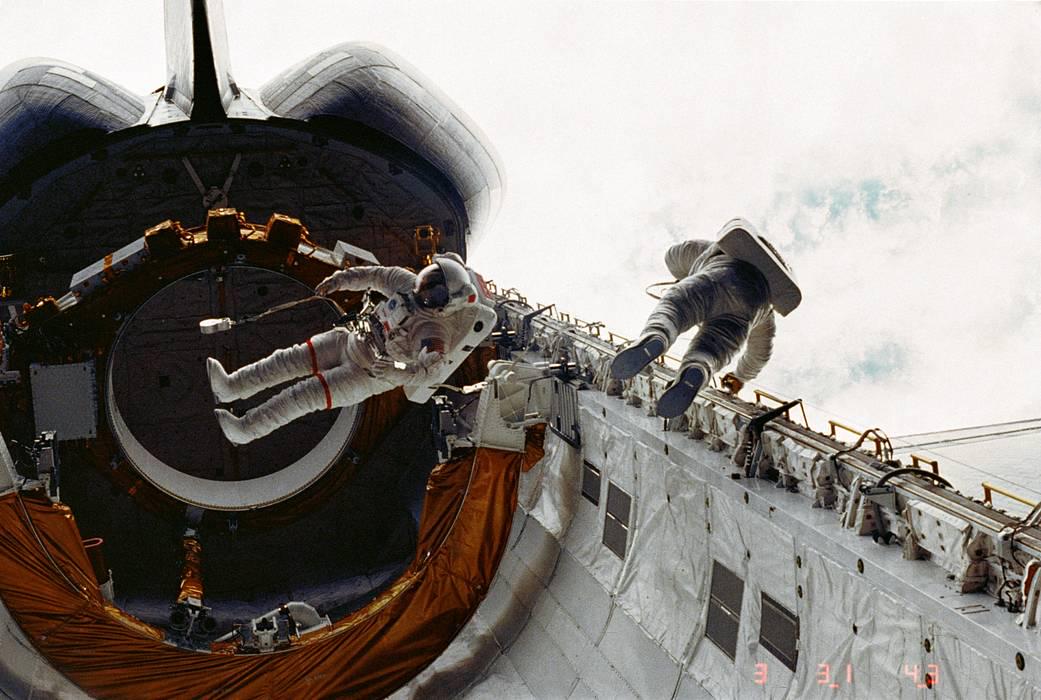 The first spacewalk of the space shuttle program on April 7, 1983 during Challenger's maiden voyage.jpeg