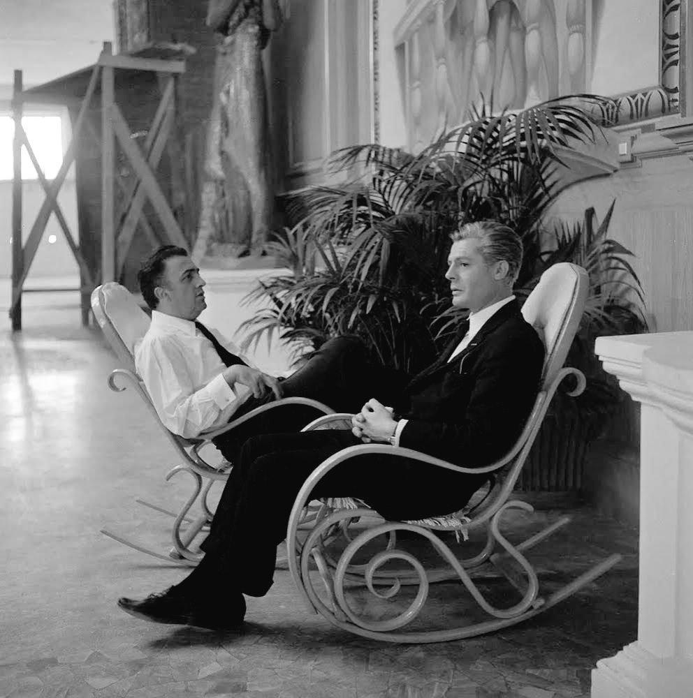 Federico Fellini and Marcello Mastroianni during the filming of '8 ½' (1963).jpeg