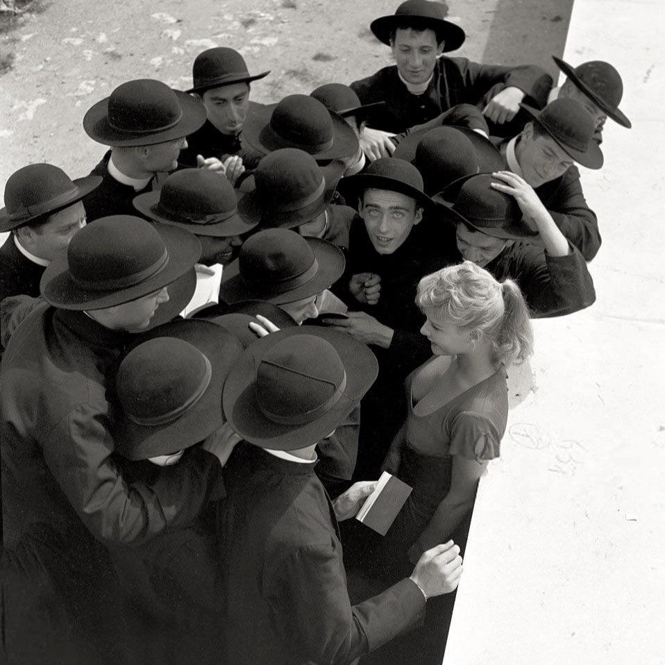 Marisa Allasio (Italian Actress) Surrounded By Priest, Italy (1957).jpeg