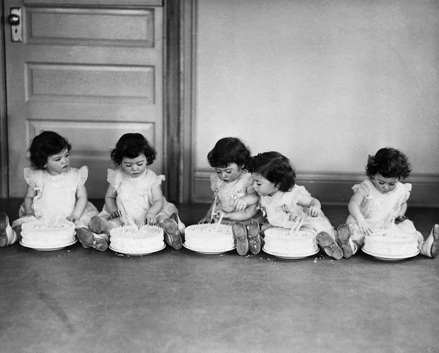 The Dionne quintuplets — Yvonne, Annette, Cécile, Émilie, and Marie — born on May 28, 1934, near Callander, Ontario, Canada.jpg