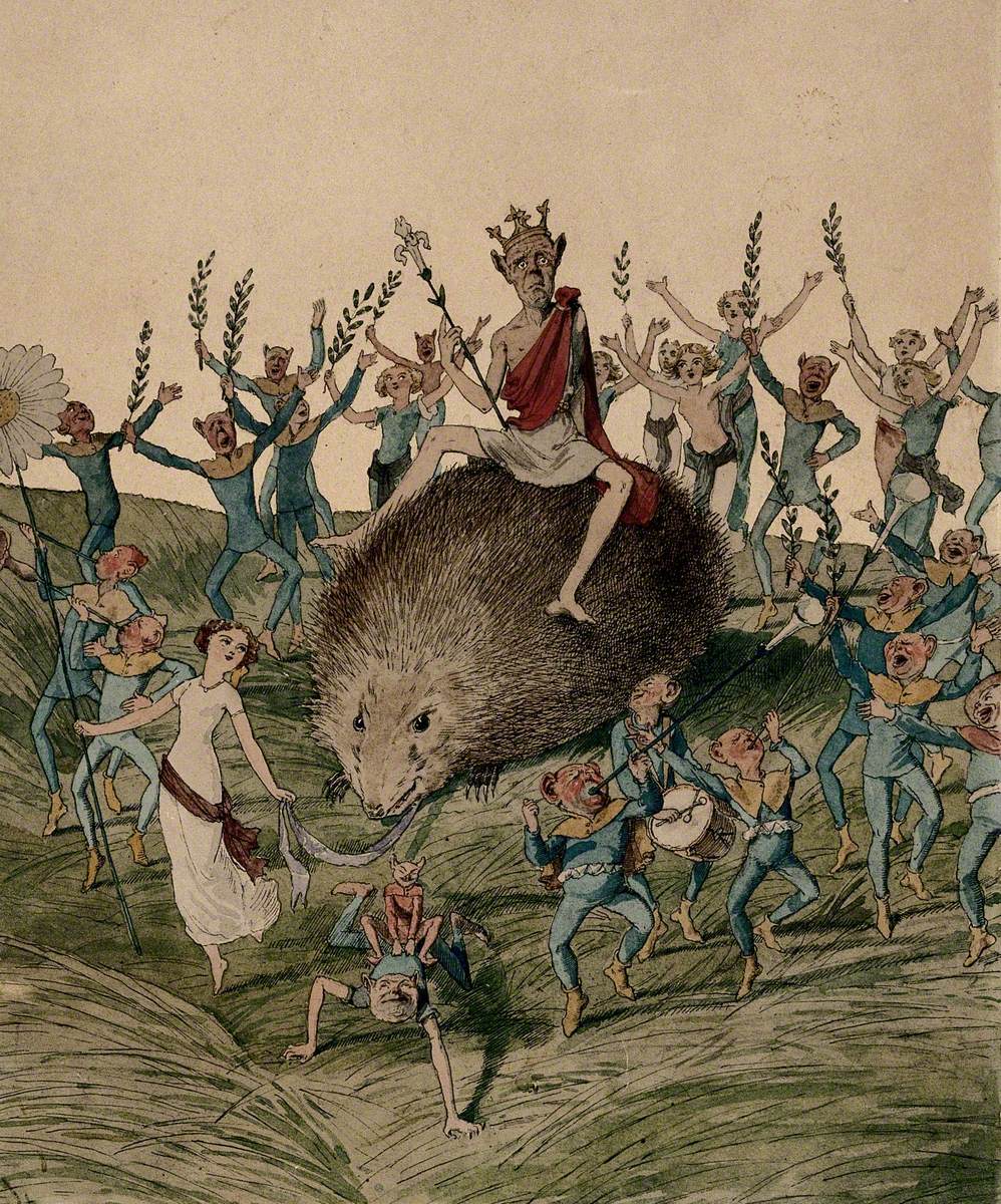 Charles Altamont Doyle. A Crowned Fairy King Seated on a Hedgehog Drawn by a Young Girl Holding a Giant Daisy, Accompanied by Dancing Fairies.jpg