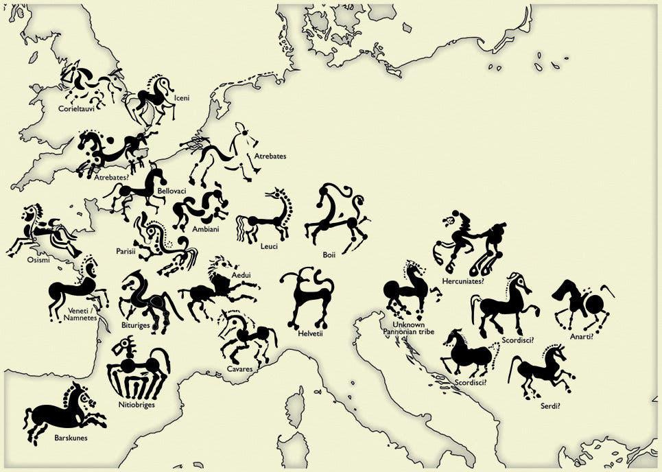 Various depictions of horses found on ancient Celtic coins, with their approximate geographical origins.jpeg